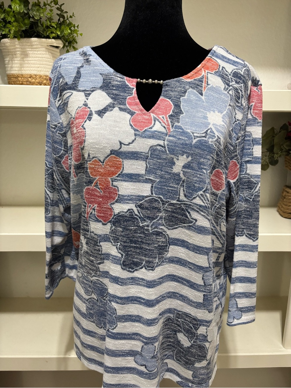 Alfred Dunner Blue & Coral Floral Stripe Swim Cover-Up Tunic